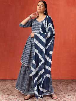 Indya - Navy Blue Printed Cotton Palazzo Pant And Kurta With And Belt (Set of 4)