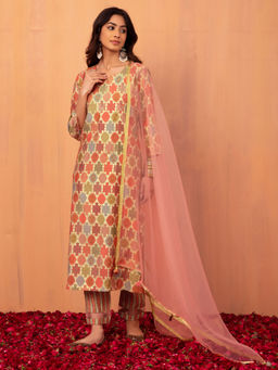 Indya - Peach Foil Print Muslin Kurta With Pant And Dupatta (Set of 3)