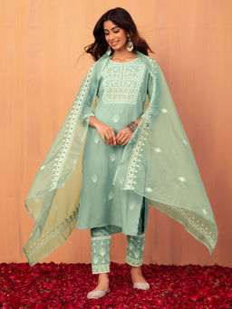 Indya - Pastel Green Embroidered Kurta With Pant And Organza Dupatta (Set of 3)