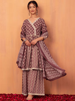 Indya - Maroon Cotton Kurta With Palazzo And Cotton Dupatta (Set of 3)