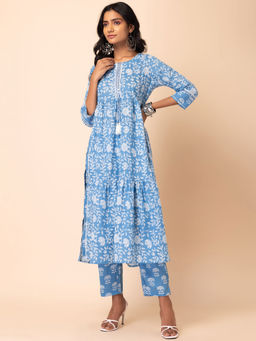Indya - Blue Floral Print Cotton Kurta With Pant (Set of 2)