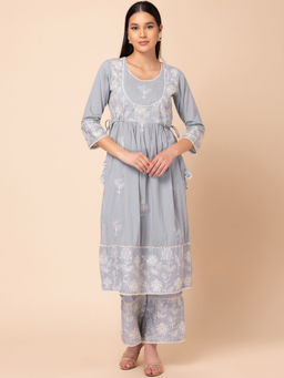 Indya - Powder Lavender Embroidered Cotton Kurta With Pant (Set of 2)