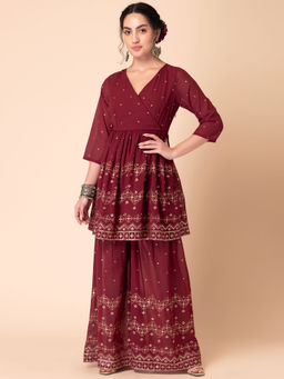 Indya - Maroon Foil Print Sharara And Short Angrakha Kurta (Set of 2)