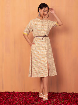 Indya - White Printed Cotton Dress With Belt (Set of 2)