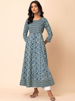 Indya - Grey Batik Print Embroidered Rayon Anarkali Kurta