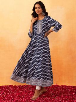 Indya - Navy Blue Batik Print Embroidered Rayon Anarkali Kurta