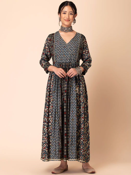 Buy Indya Navy Blue Batik Print Maxi Dress Online