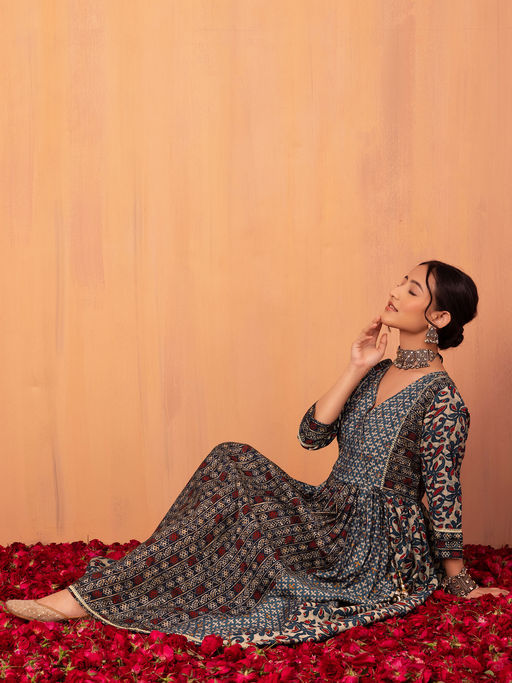 Buy Indya Navy Blue Batik Print Maxi Dress Online