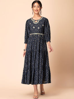 Indya - Navy Blue Embroidered Chanderi Dress With Belt (Set of 2)