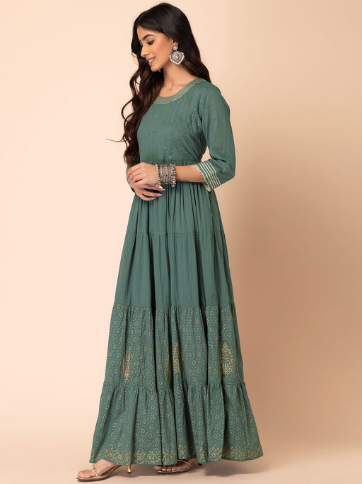 Buy Indya Green Foil Print Embroidered Cotton Maxi Dress Online Buy Indya Green Foil Print Embroidered Cotton Maxi Dress Online