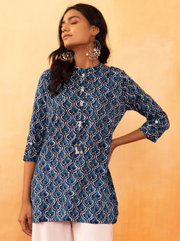 Indya - Dark Blue Boota Print Mirror Embroidered Rayon Tunic