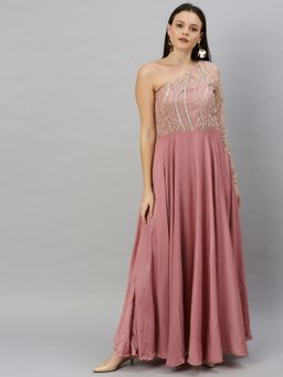 Ethnovog - Ready To Wear Mauve Embroidered Net One Shoulder Gown