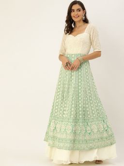 Ethnovog - Ready To Wear Off White Embroidered And Green Kali Anarkali Gown