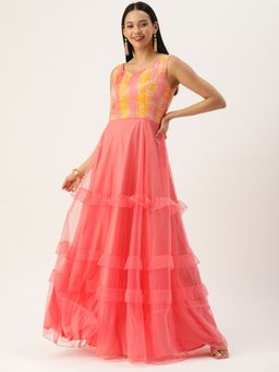 Ethnovog - Ready To Wear Multicolored Embroidered And Pink Ruffles Gown