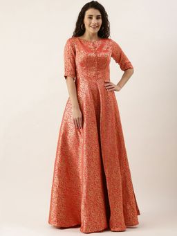 Ethnovog - Ready To Wear Pink Jacquard Art Silk Floor Length Gown