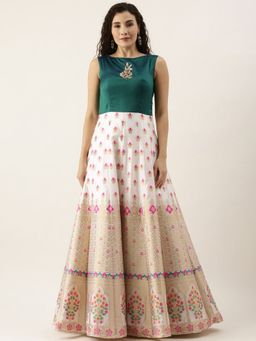 Ethnovog - Ready To Wear Green And White Printed Kali Style Gown