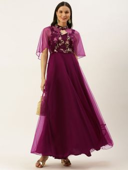 Ethnovog - Ready To Wear Magenta Embroidered Gown With Cape (Set of 2)