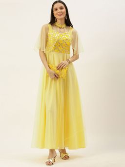 Ethnovog - Ready To Wear Yellow Embroidered Gown With Cape (Set of 2)