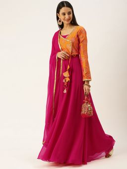 Ethnovog - Ready To Wear Mustard And Pink Gown With Jacket And Dupatta (Set of 3)