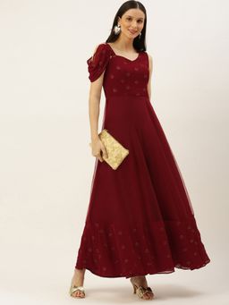 Ethnovog - Ready To Wear Maroon Embroidered One Shoulder Gown