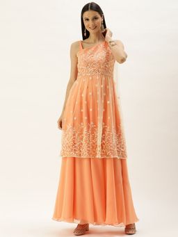 Ethnovog - Ready To Wear Off White Embroidered And Orange One Shoulder Gown