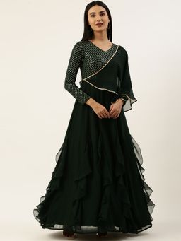 Ethnovog - Ready To Wear Green Embroidered Georgette Kali Flared Gown