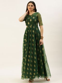 Ethnovog - Ready To Wear Green Organza Foil Printed Gown