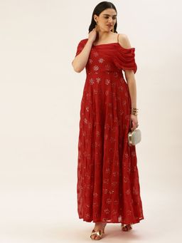 Ethnovog - Ready To Wear Red Georgette Embroidered One Shoulder Style Gown