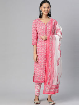 Readiprint - Straight Pink & White Printed Kurta with Pyjama & Dupatta (Set of 3)