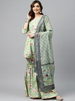 Readiprint - Anarkali Silk Crepe Green Kurta and Sharara with Dupatta (Set of 3)
