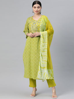 Readiprint - Straight Cotton Green Kurta with Pant and Dupatta (Set of 3)