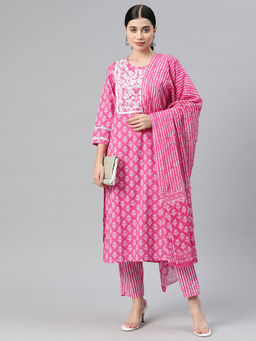 Readiprint - Straight Cotton Pink Kurta and Pant with Dupatta (Set of 3)