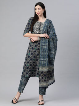 Readiprint - Straight Cotton Navy Blue Kurta and Pant with Dupatta (Set of 3)