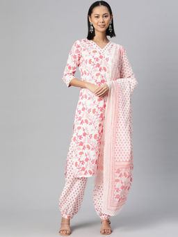 Readiprint - Straight Cotton Pink & White Kurta and Pant with Dupatta (Set of 3)