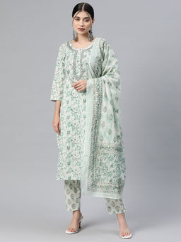 Readiprint - Straight Cotton Green Kurta and Pant with Dupatta (Set of 3)