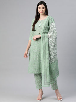 Readiprint - Straight Cotton Green Kurta and Pant with Dupatta (Set of 3)