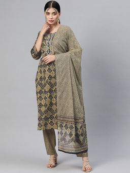 Readiprint - Straight Cotton Olive Kurta and Pant with Dupatta (Set of 3)