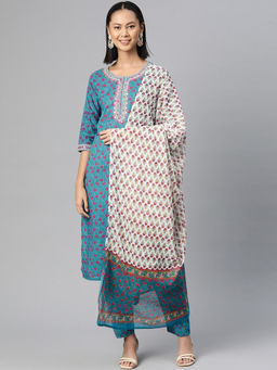 Readiprint - Straight Cotton Blue Kurta and Pant with Dupatta (Set of 3)