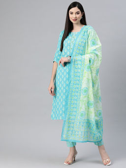 Readiprint - Straight Cotton Blue Kurta and Pant with Dupatta (Set of 3)