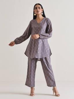 trueBrowns - Plum Grey Foil Short Co-Ord (Set of 2)