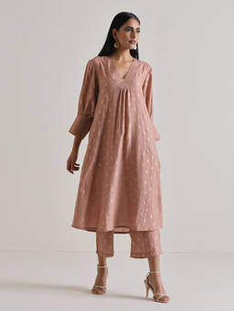 trueBrowns - Peach Foil Puff Sleeve Kurta (Set of 2)