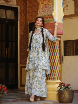 Zolo Label - Azmat White Floral Printed Sharara (Set of 3)