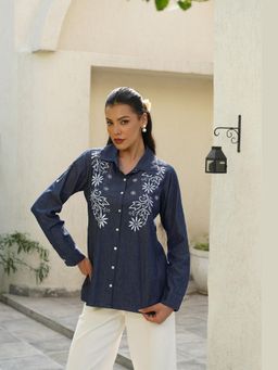 House of Chikankari - Women Dark Blue Chambray Regular Embroidered Full Sleeves Shirt