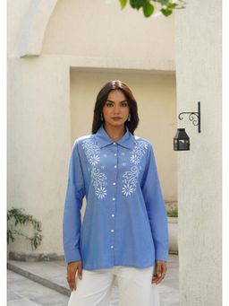 House of Chikankari - Women Light Blue Chambray Regular Embroidered Full Sleeves Shirt
