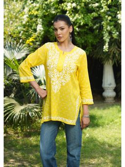 House of Chikankari - Women Yellow Pure Cotton Embroidered Straight Top