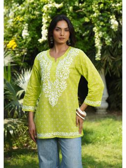 House of Chikankari - Women Green Pure Cotton Embroidered Straight Top