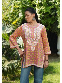 House of Chikankari - Women Pink Pure Cotton Embroidered Straight Top