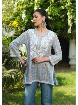 House of Chikankari - Women Blue Pure Cotton Embroidered Straight Top