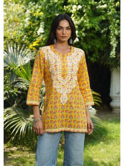 House of Chikankari - Women Yellow Pure Cotton Embroidered Straight Top