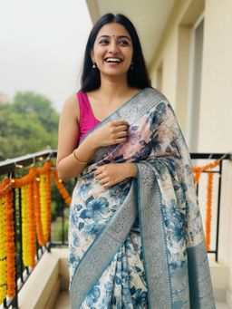 Libas - Beige Printed Silk Blend Saree with Unstitched Blouse